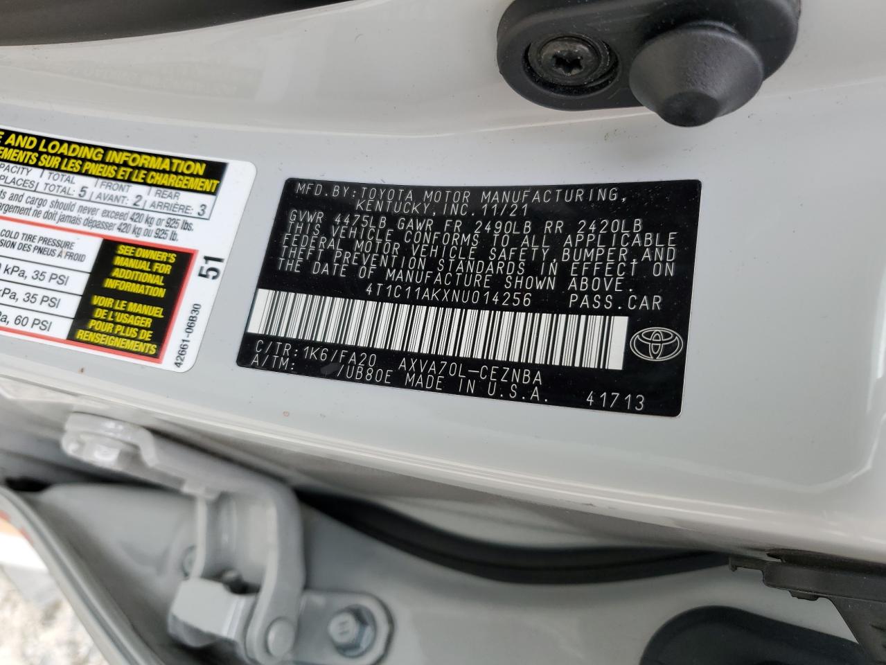 2022 Toyota Camry VIN: 4T1C11AKXNU014256 Lot: 84568925