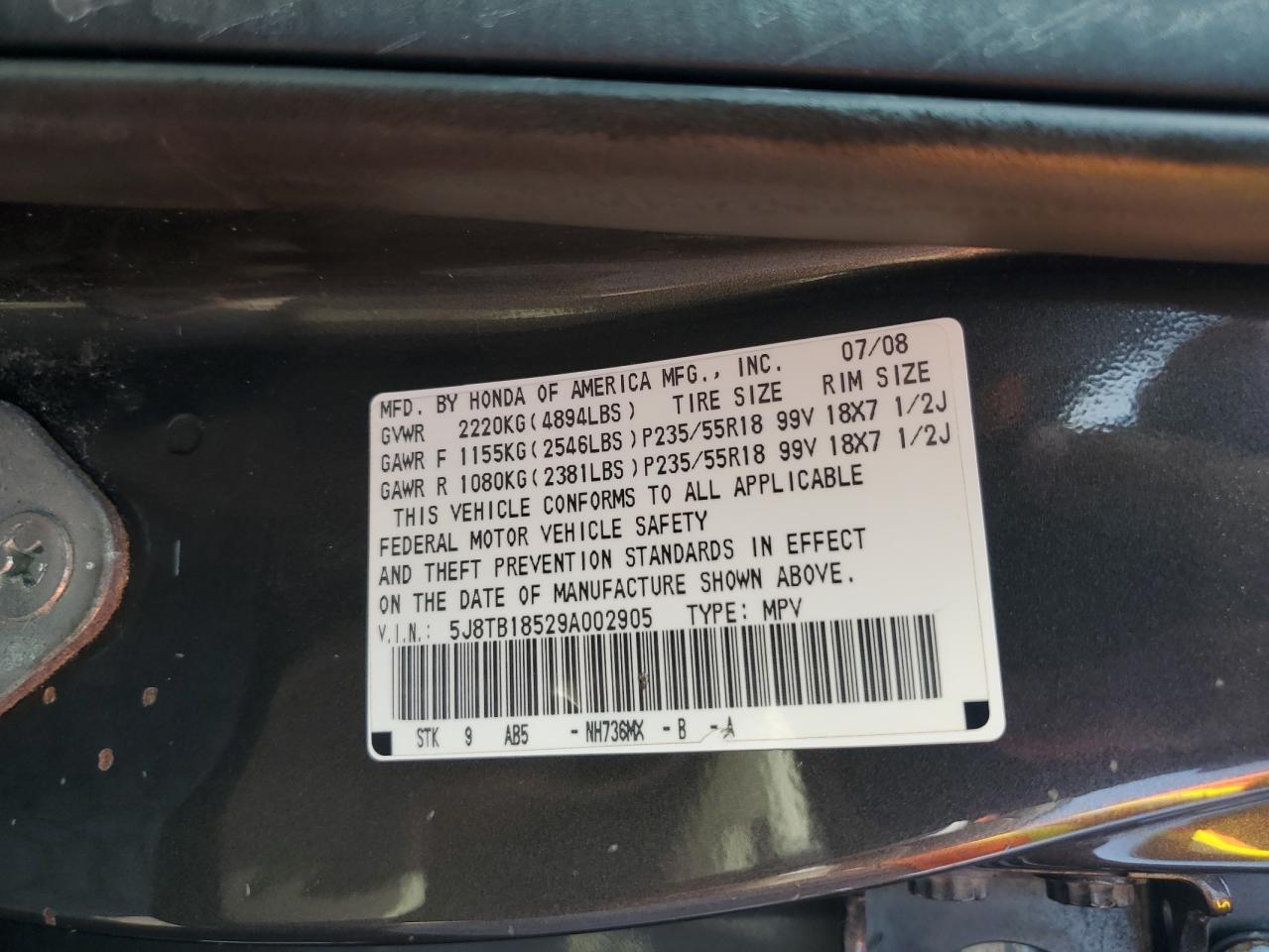 2009 Acura Rdx Technology VIN: 5J8TB18529A002905 Lot: 84581595