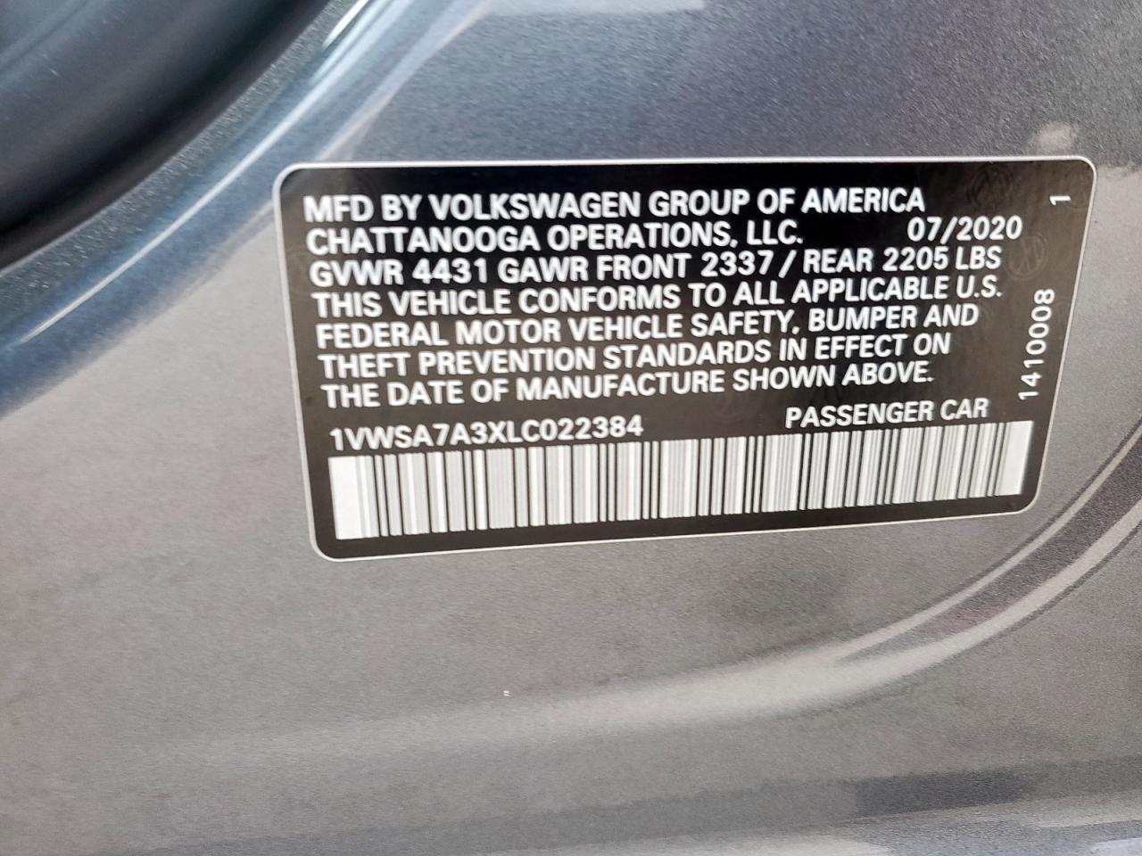 2020 Volkswagen Passat Se VIN: 1VWSA7A3XLC022384 Lot: 81815545