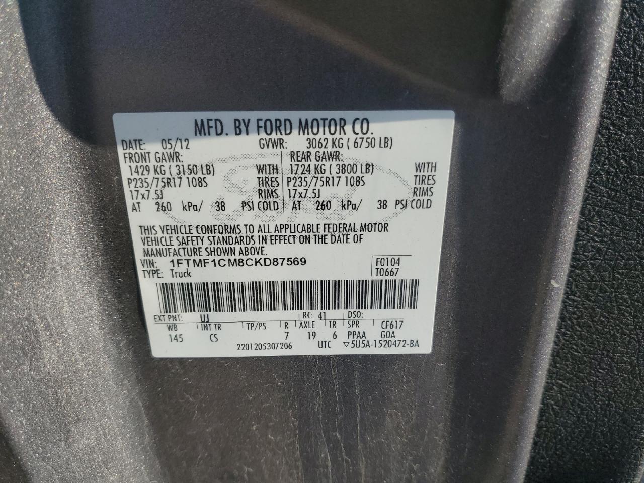 2012 Ford F150 VIN: 1FTMF1CM8CKD87569 Lot: 81311375