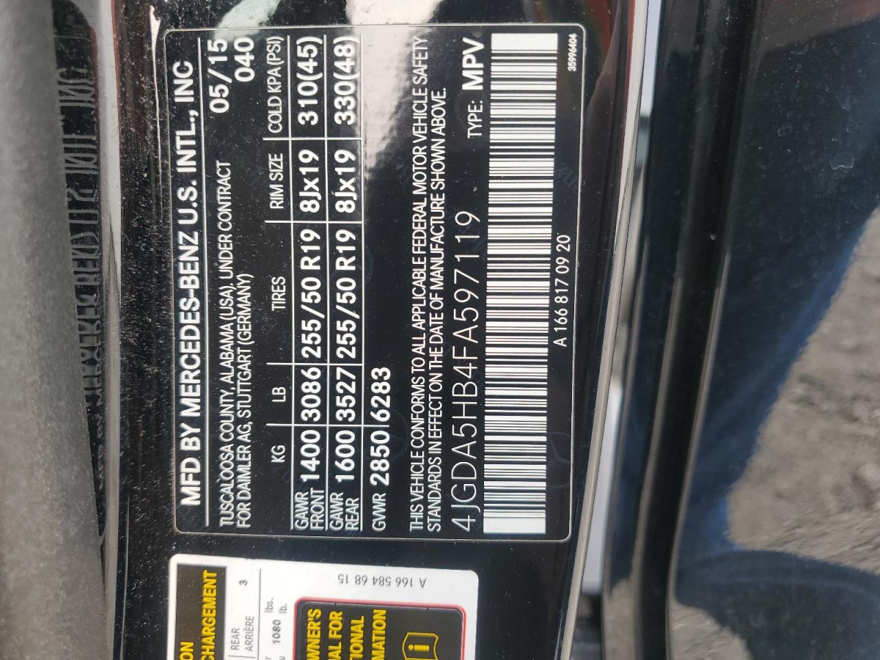 2015 Mercedes-Benz Ml 350 4Matic VIN: 4JGDA5HB4FA597119 Lot: 71786255