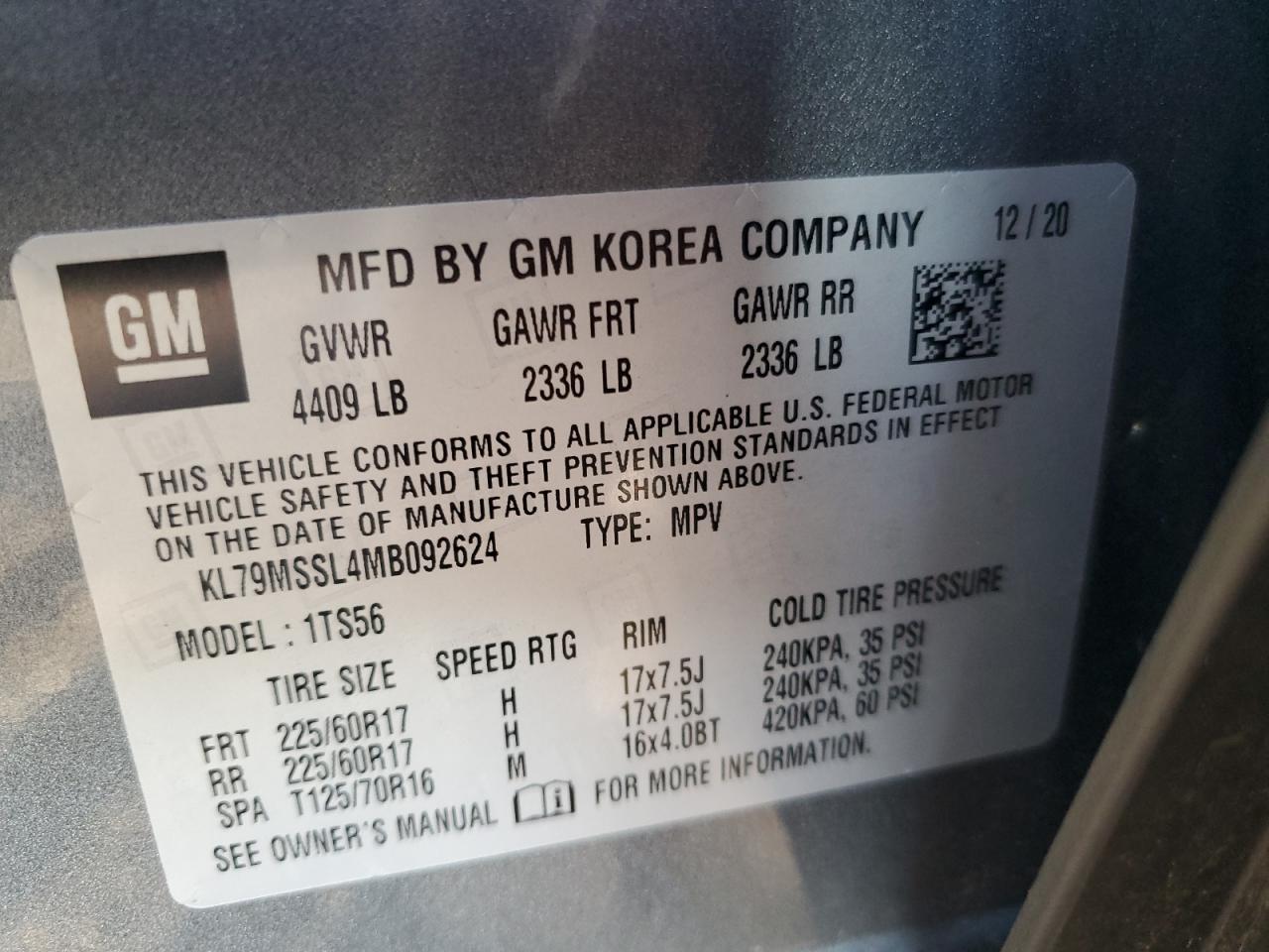 2021 Chevrolet Trailblazer Activ VIN: KL79MSSL4MB092624 Lot: 81187965