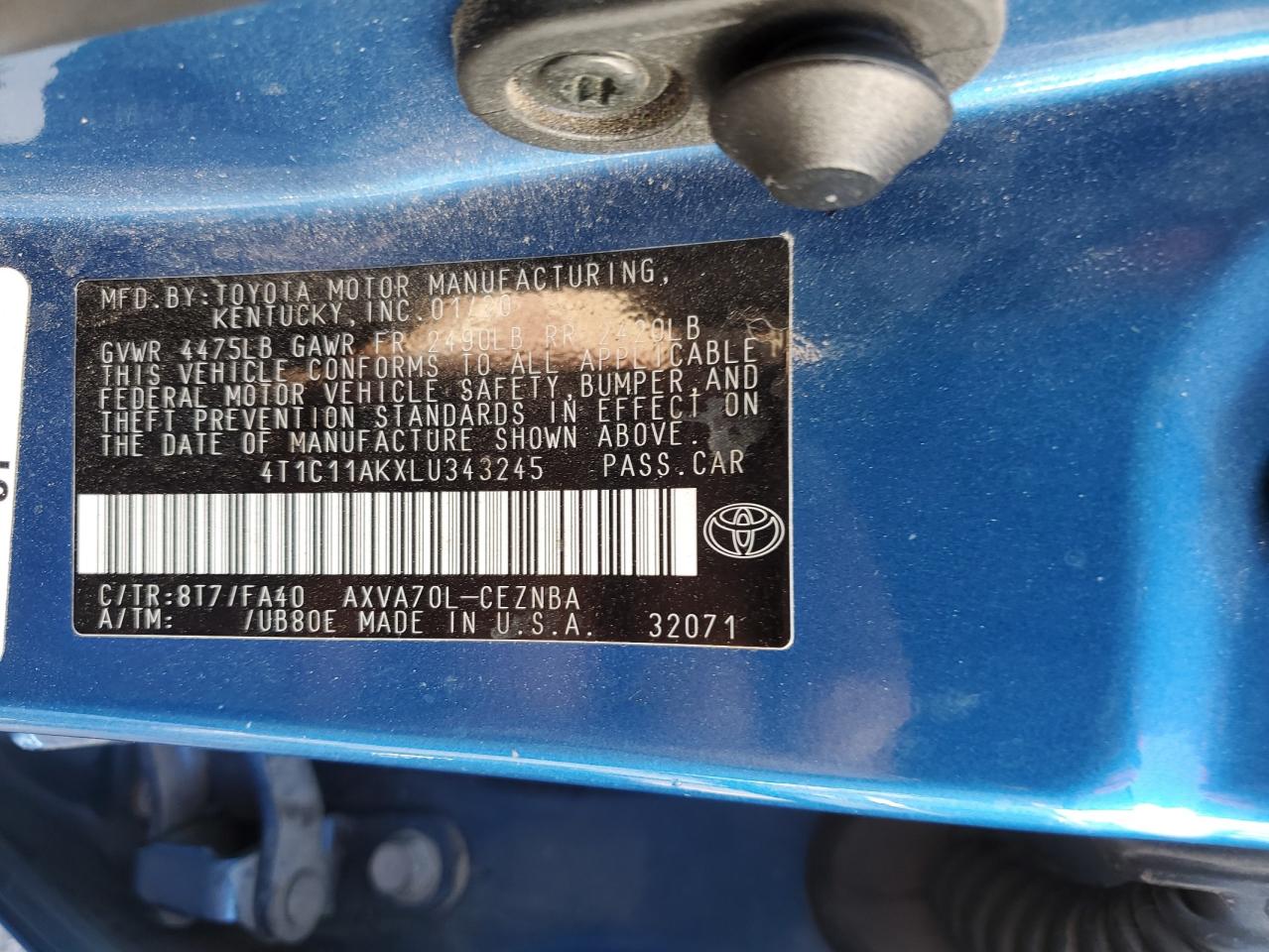 2020 Toyota Camry Le VIN: 4T1C11AKXLU343245 Lot: 80096215