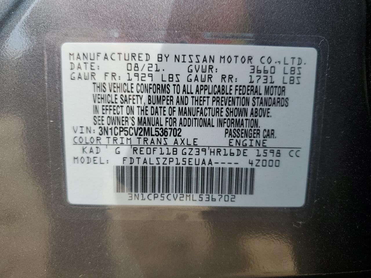 2021 Nissan Kicks Sv VIN: 3N1CP5CV2ML536702 Lot: 83865825