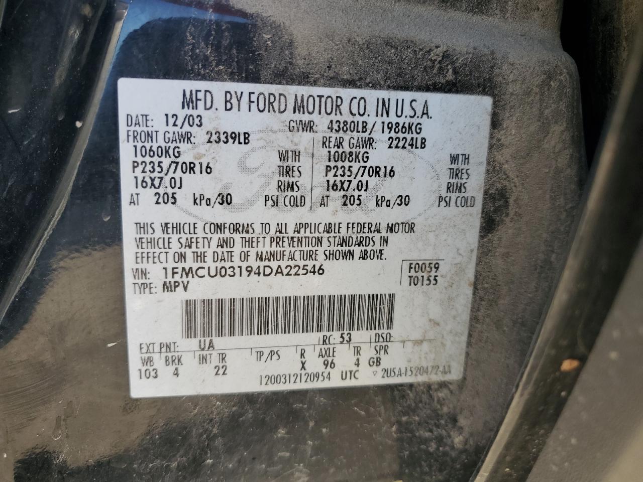 2004 Ford Escape Xlt VIN: 1FMCU03194DA22546 Lot: 84227115