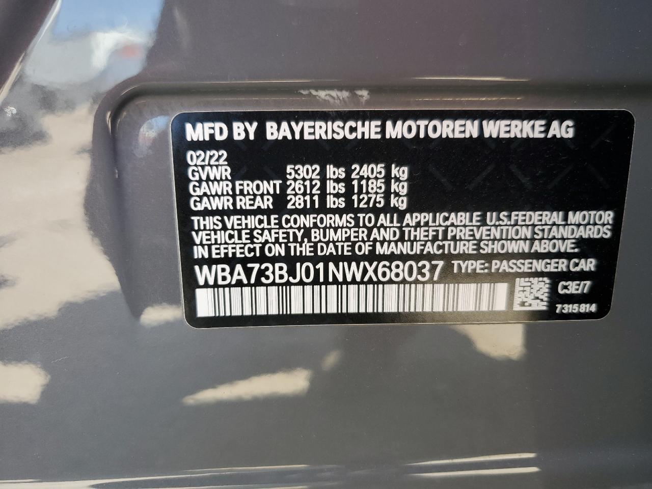 2022 BMW 540 Xi VIN: WBA73BJ01NWX68037 Lot: 71298785