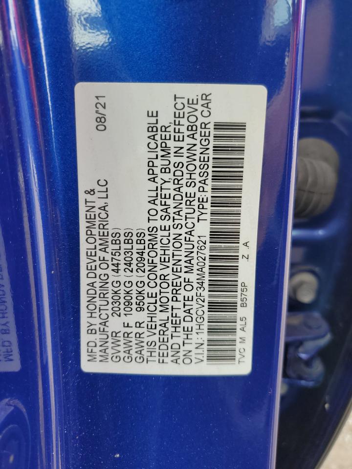 2021 Honda Accord Sport VIN: 1HGCV2F34MA027621 Lot: 84449155