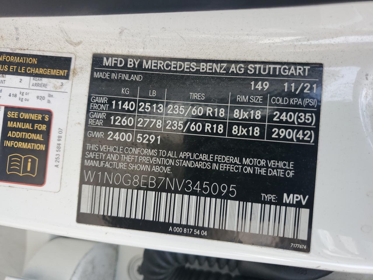 2022 Mercedes-Benz Glc 300 4Matic VIN: W1N0G8EB7NV345095 Lot: 80780035