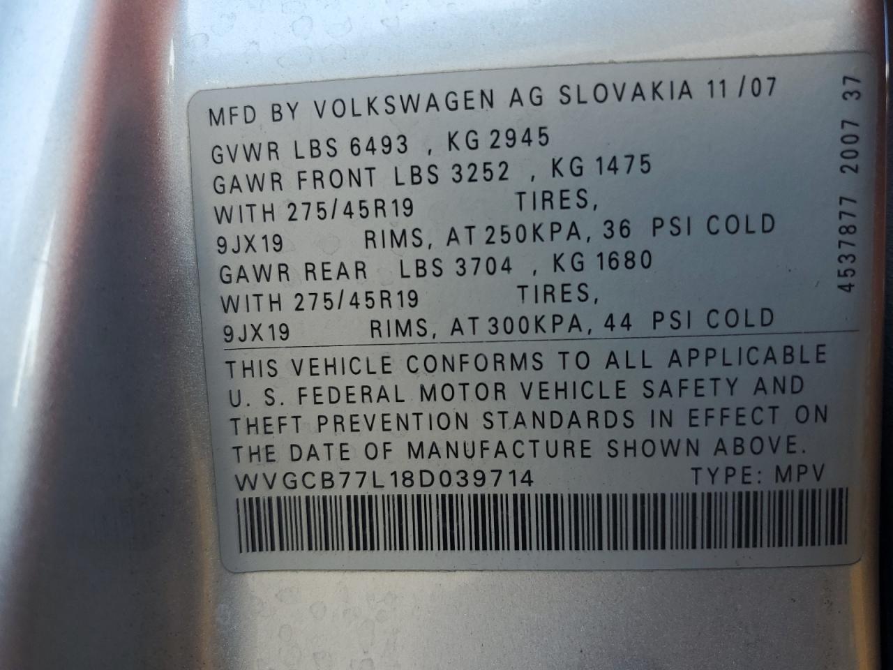 2008 Volkswagen Touareg 2 V8 VIN: WVGCB77L18D039714 Lot: 71904005