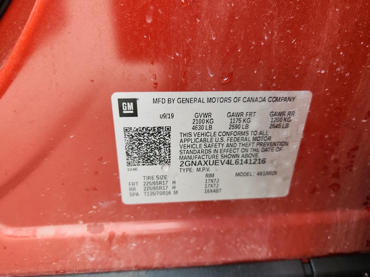 2020 Chevrolet Equinox Lt VIN: 2GNAXUEV4L6141216 Lot: 71717885