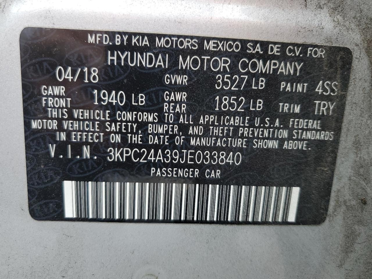 2018 Hyundai Accent Se VIN: 3KPC24A39JE033840 Lot: 71250405