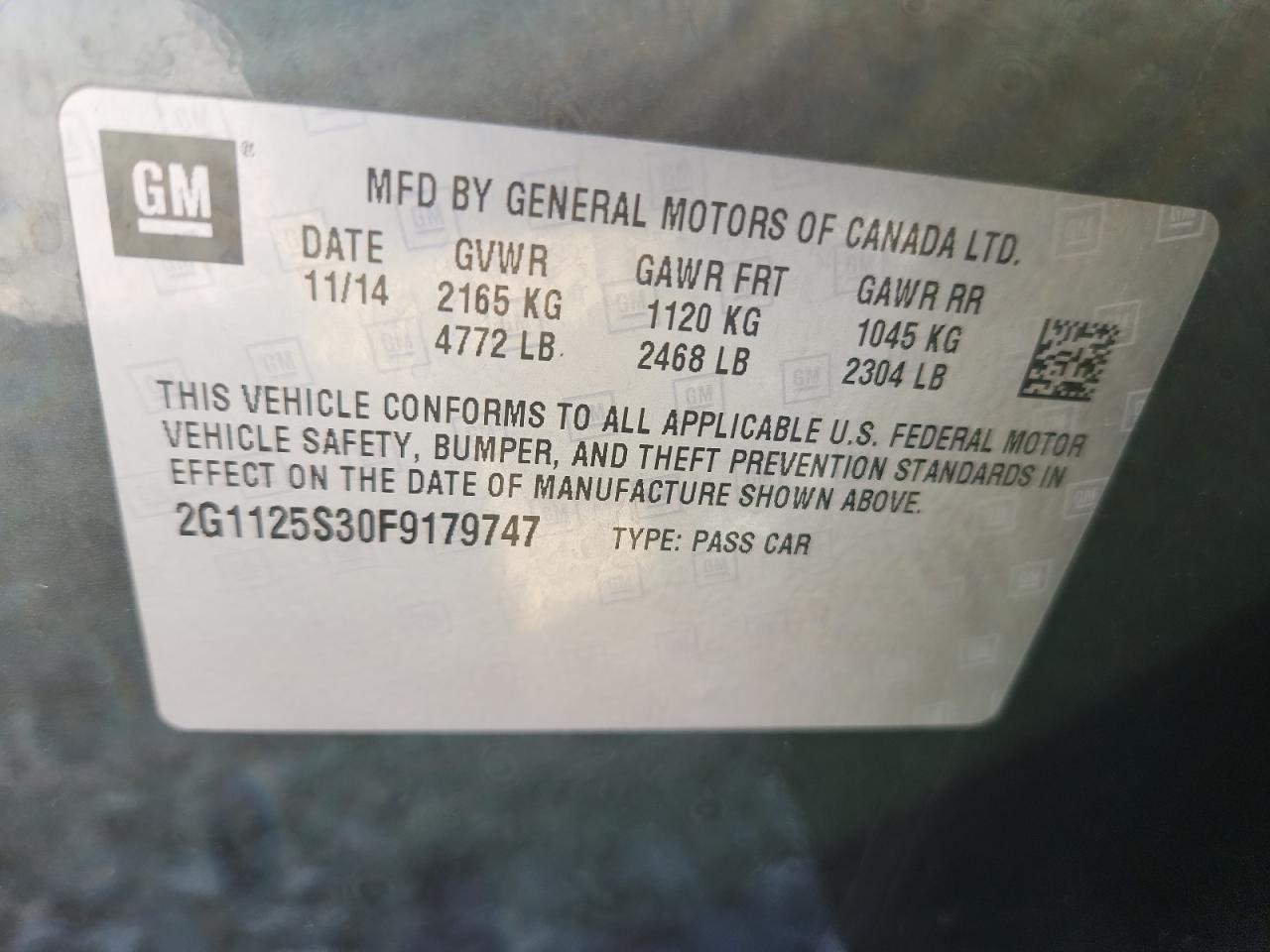2015 Chevrolet Impala Lt VIN: 2G1125S30F9179747 Lot: 80479195
