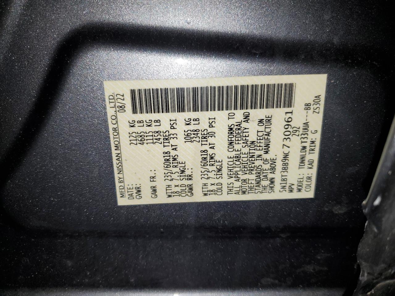 2022 Nissan Rogue Sv VIN: 5N1BT3BB9NC730961 Lot: 83935915