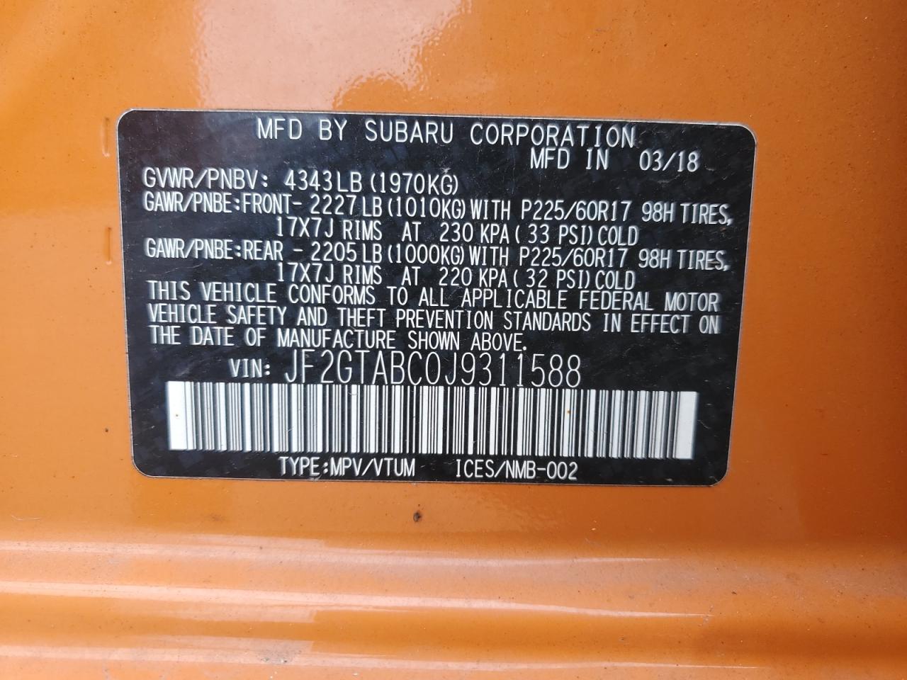 2018 Subaru Crosstrek Premium VIN: JF2GTABC0J9311588 Lot: 71690355