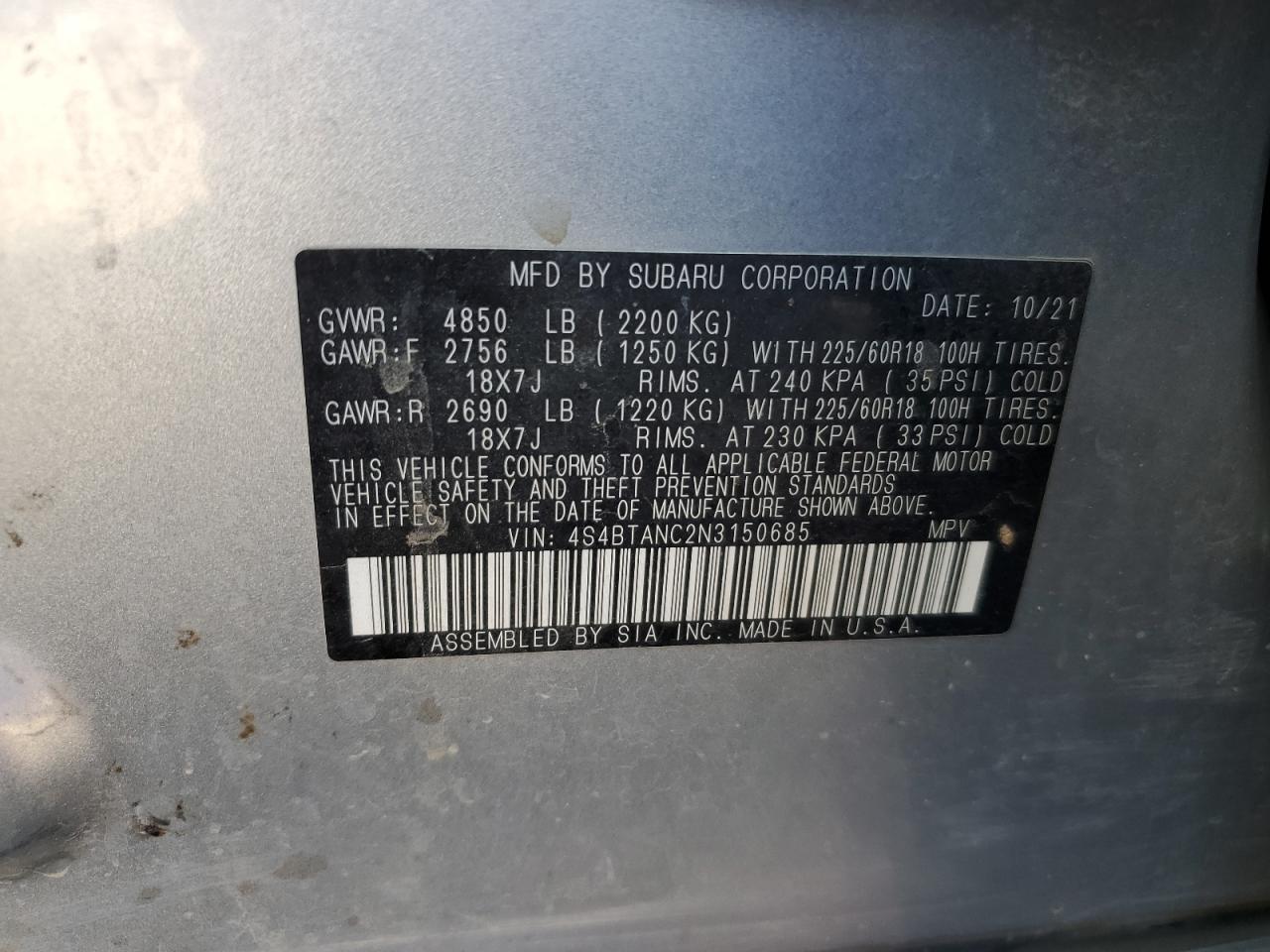 2022 Subaru Outback Limited VIN: 4S4BTANC2N3150685 Lot: 71742275