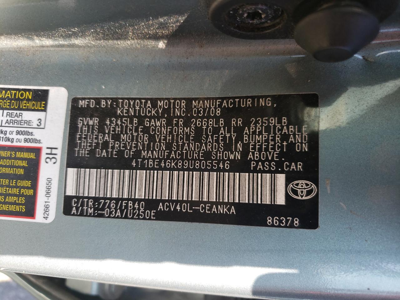 2009 Toyota Camry Base VIN: 4T1BE46K89U805546 Lot: 81630725