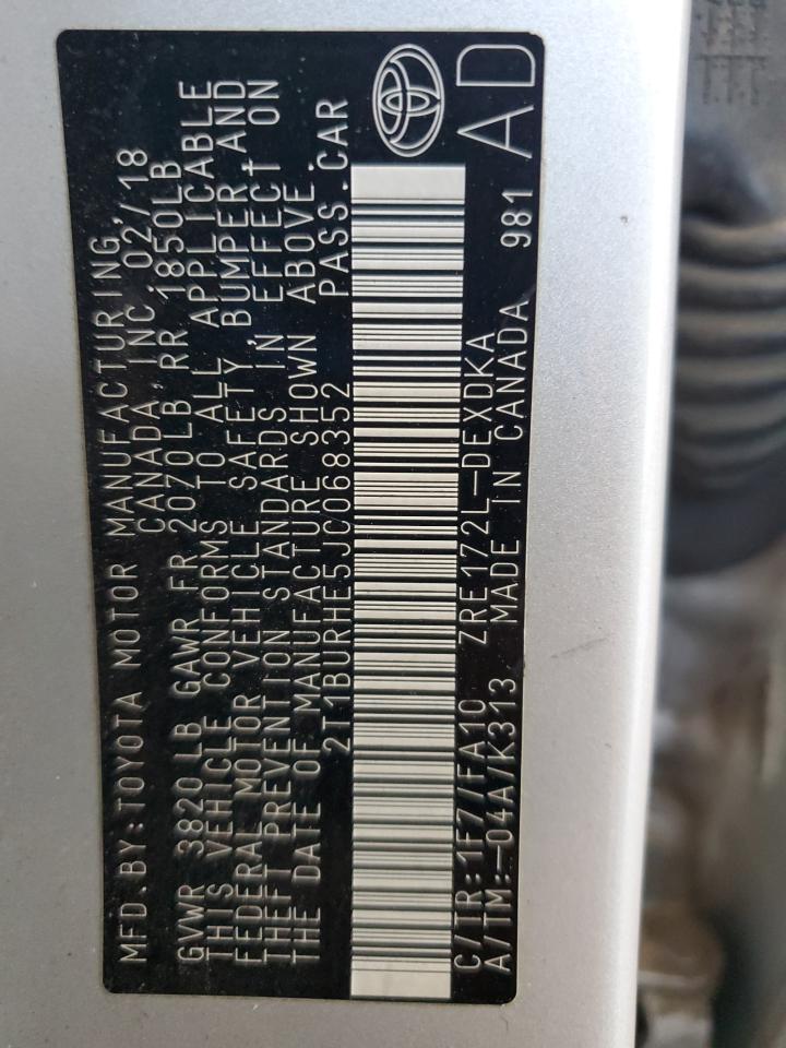 2018 Toyota Corolla L VIN: 2T1BURHE5JC068352 Lot: 70152365