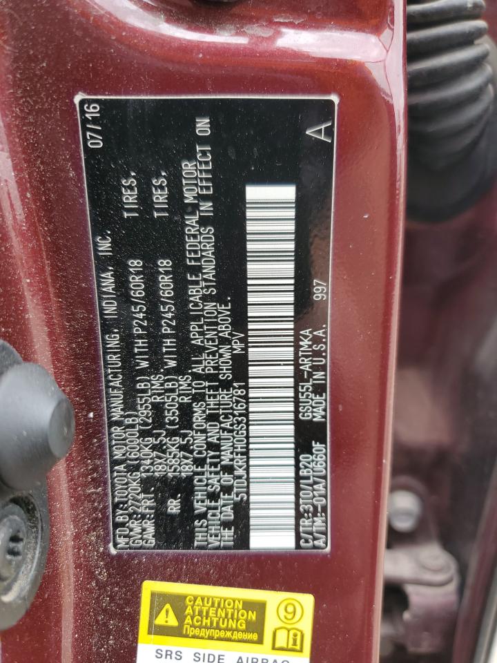 2016 Toyota Highlander Xle VIN: 5TDJKRFH0GS316781 Lot: 71192585