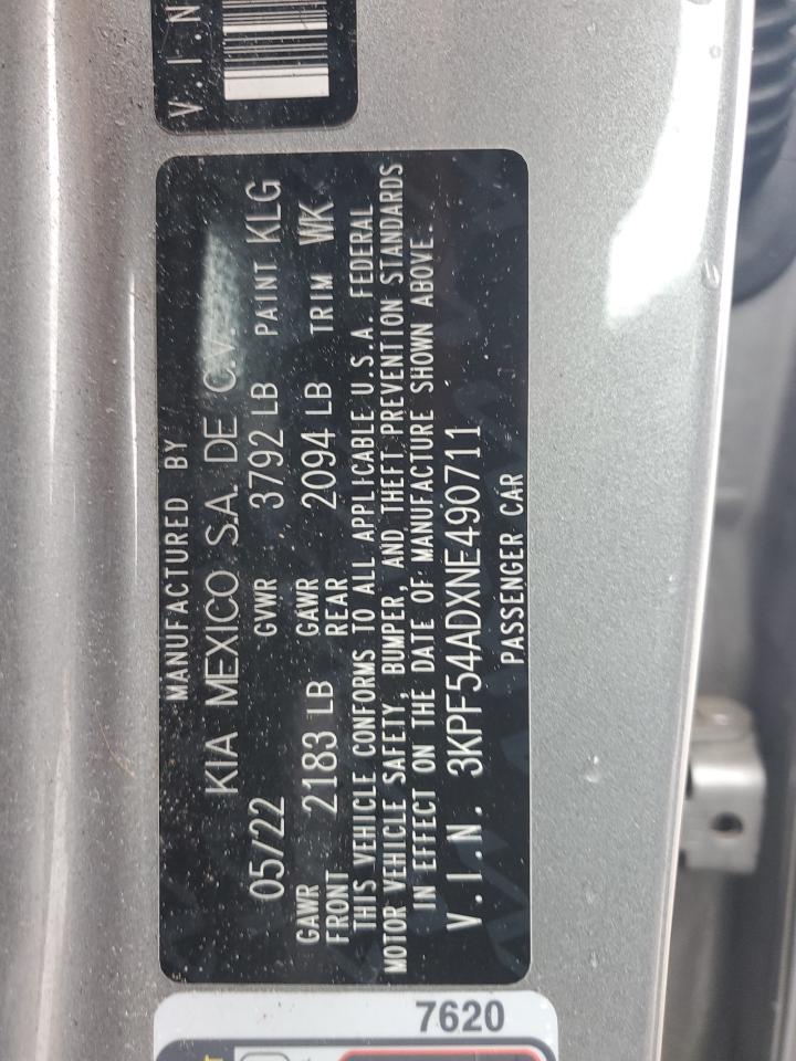 2022 Kia Forte Gt Line VIN: 3KPF54ADXNE490711 Lot: 84170835