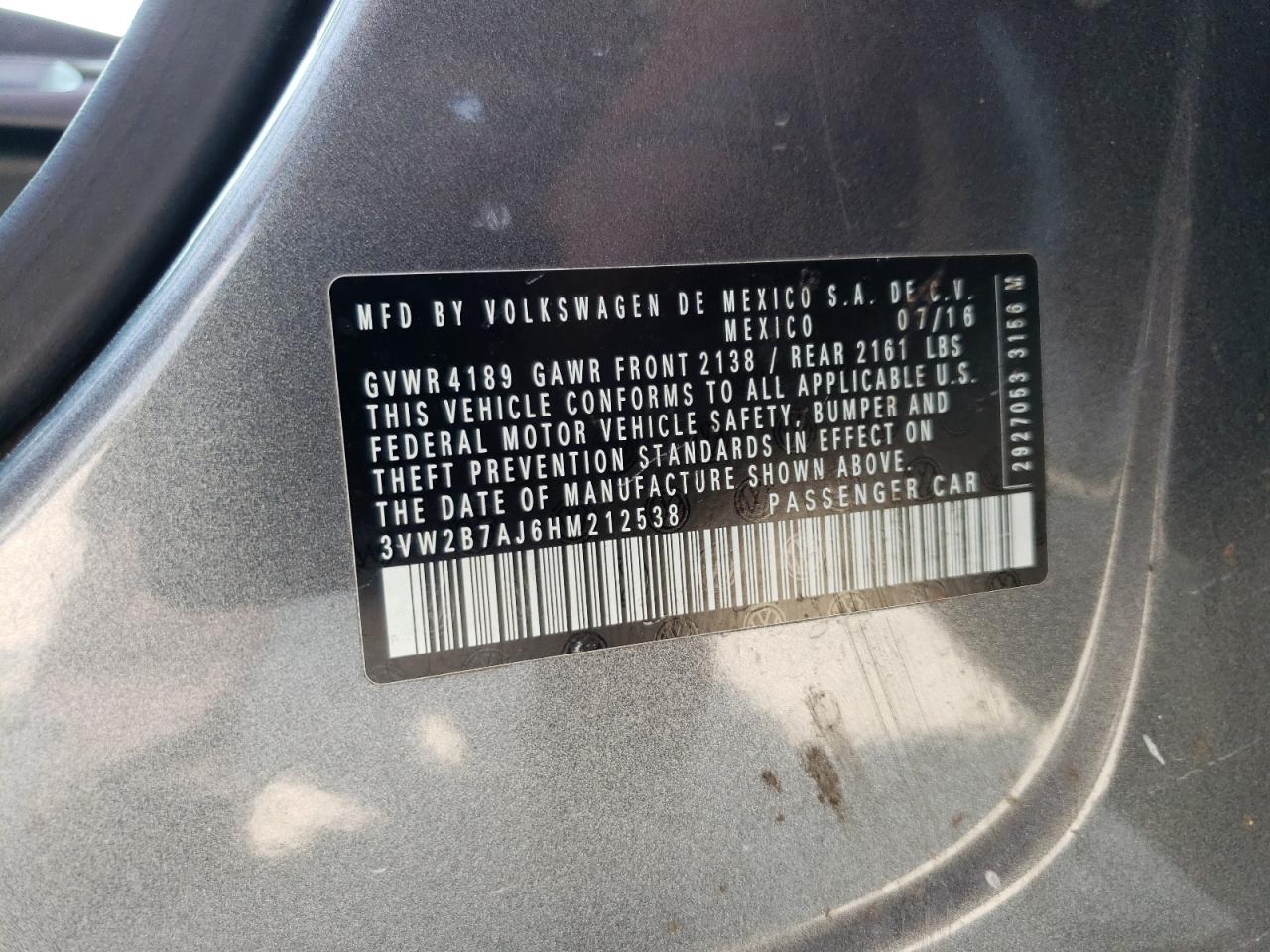 2017 Volkswagen Jetta S VIN: 3VW2B7AJ6HM212538 Lot: 80258905