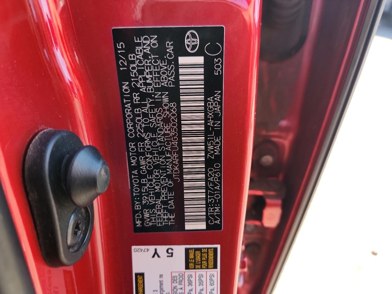 2016 Toyota Prius VIN: JTDKARFU4G3502068 Lot: 81841385
