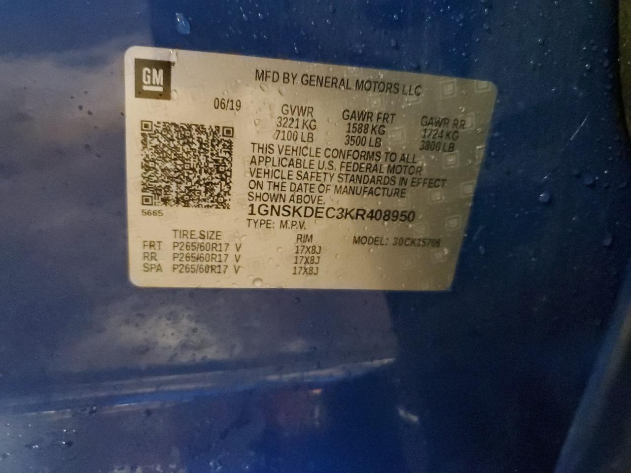 2019 Chevrolet Tahoe Police VIN: 1GNSKDEC3KR408950 Lot: 80195945