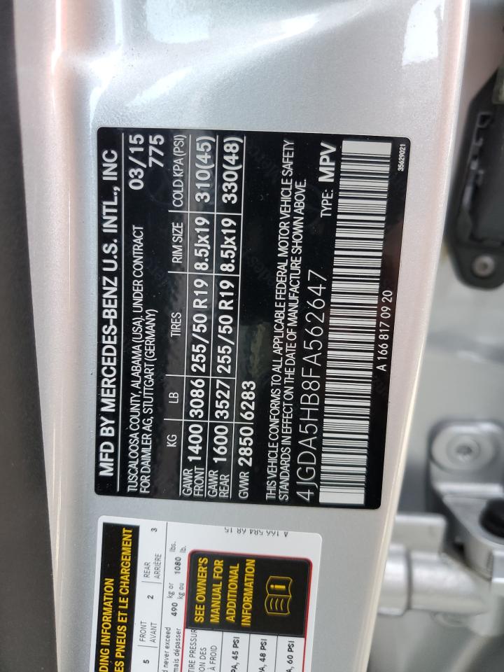 2015 Mercedes-Benz Ml 350 4Matic VIN: 4JGDA5HB8FA562647 Lot: 83980175