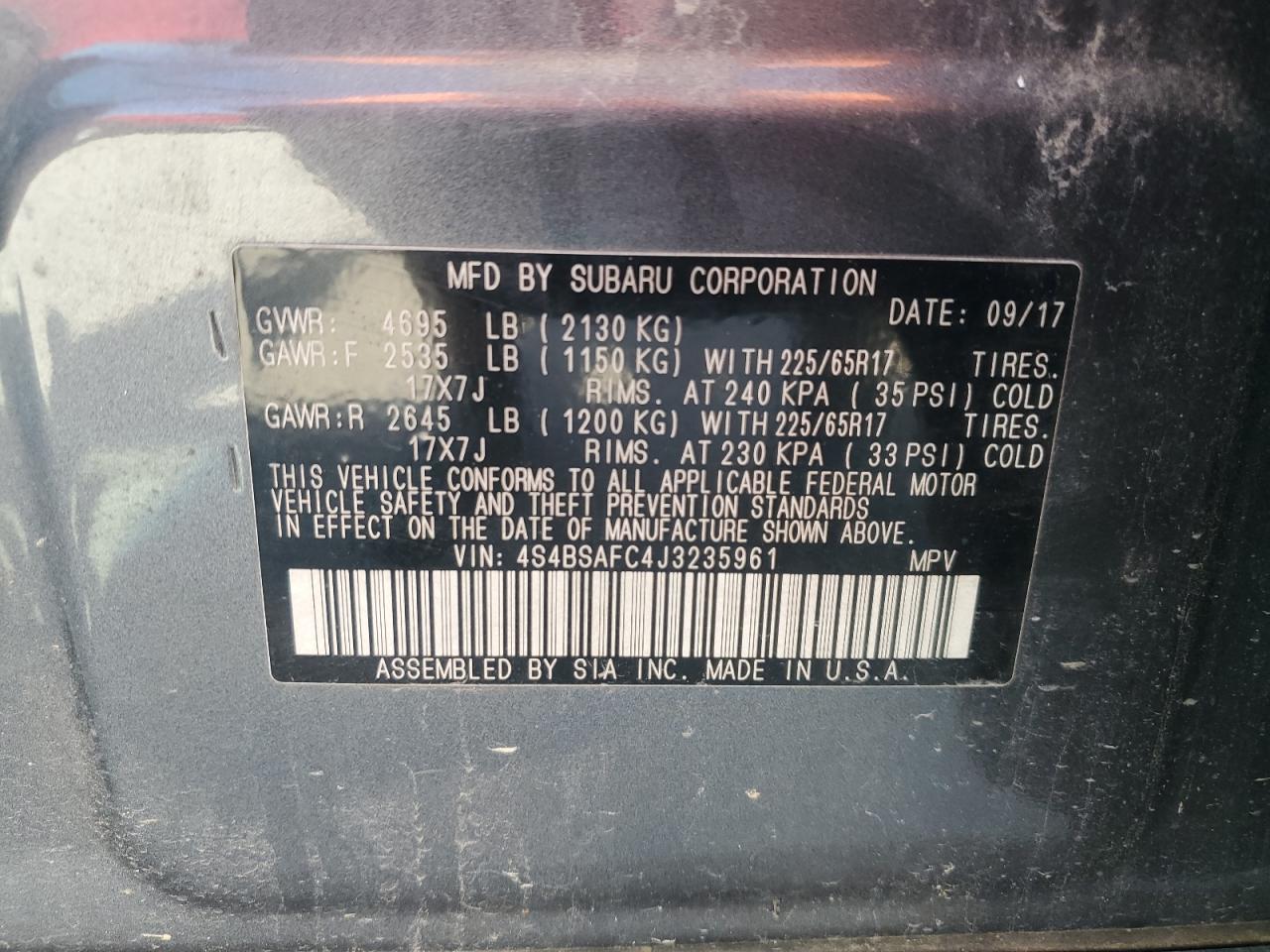 2018 Subaru Outback 2.5I Premium VIN: 4S4BSAFC4J3235961 Lot: 71112845