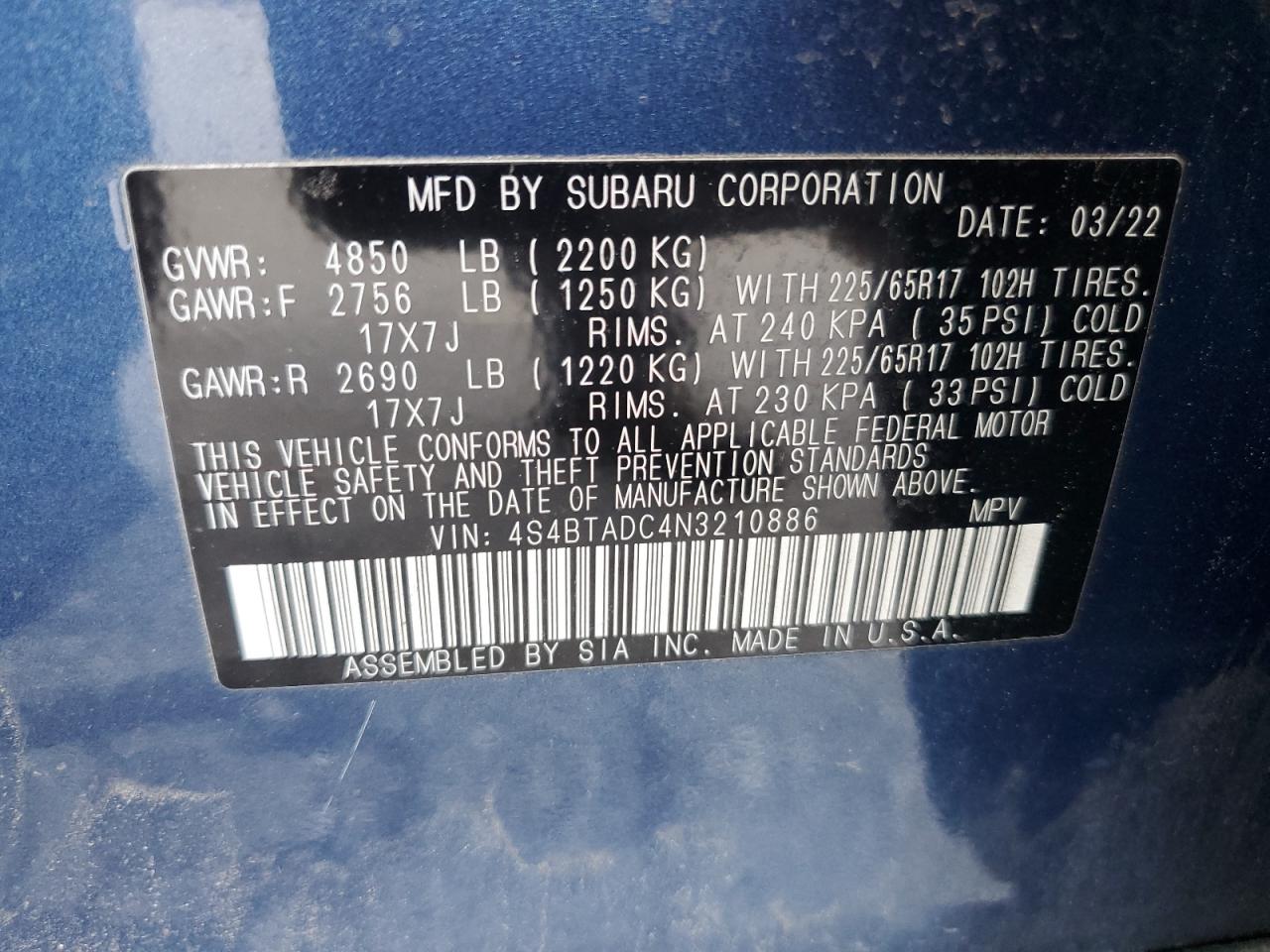 2022 Subaru Outback Premium VIN: 4S4BTADC4N3210886 Lot: 81310305