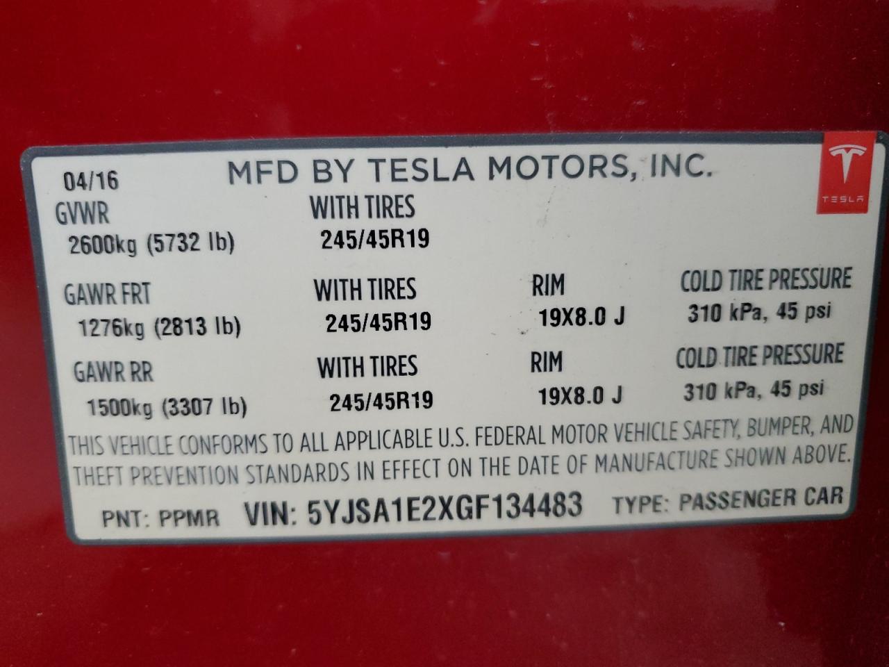 2016 Tesla Model S VIN: 5YJSA1E2XGF134483 Lot: 80827065