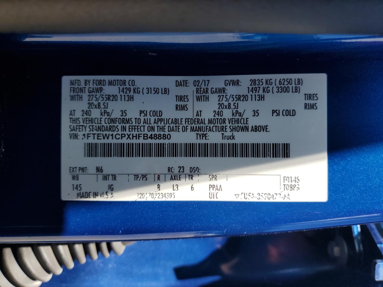 2017 Ford F150 Supercrew VIN: 1FTEW1CPXHFB48880 Lot: 70491715