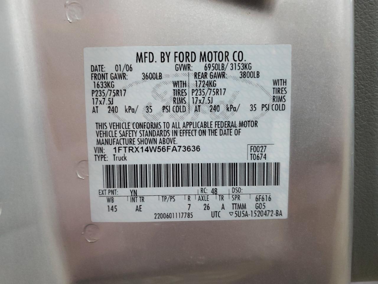 2006 Ford F150 VIN: 1FTRX14W56FA73636 Lot: 81126775