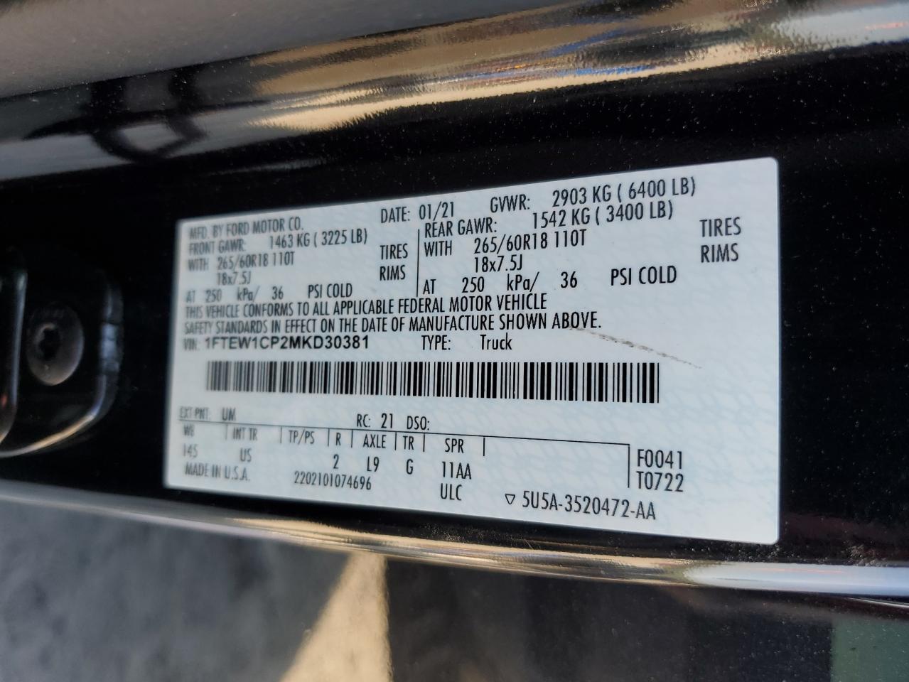 2021 Ford F150 Supercrew VIN: 1FTEW1CP2MKD30381 Lot: 80031025