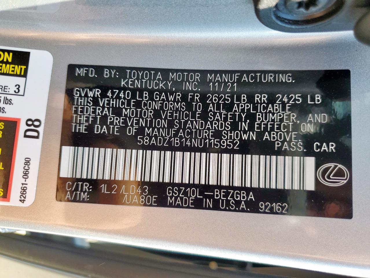 2022 Lexus Es 350 Base VIN: 58ADZ1B14NU115952 Lot: 71463795