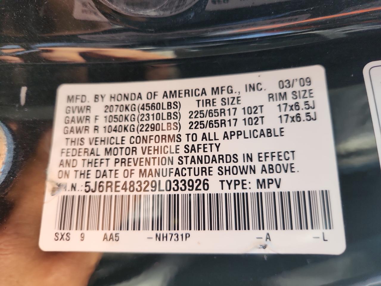2009 Honda Cr-V Lx VIN: 5J6RE48329L033926 Lot: 81138795