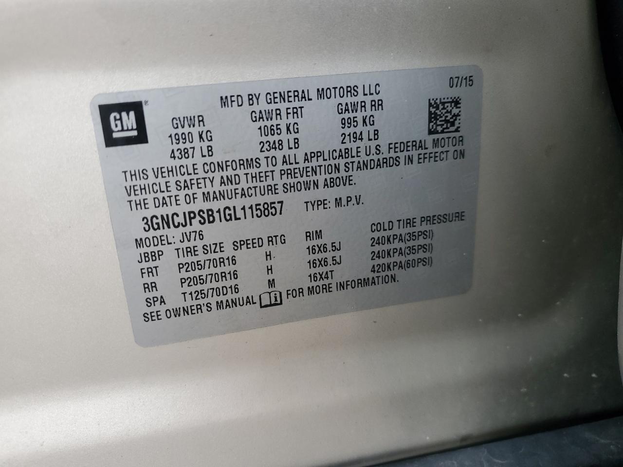 2016 Chevrolet Trax 1Lt VIN: 3GNCJPSB1GL115857 Lot: 71064635