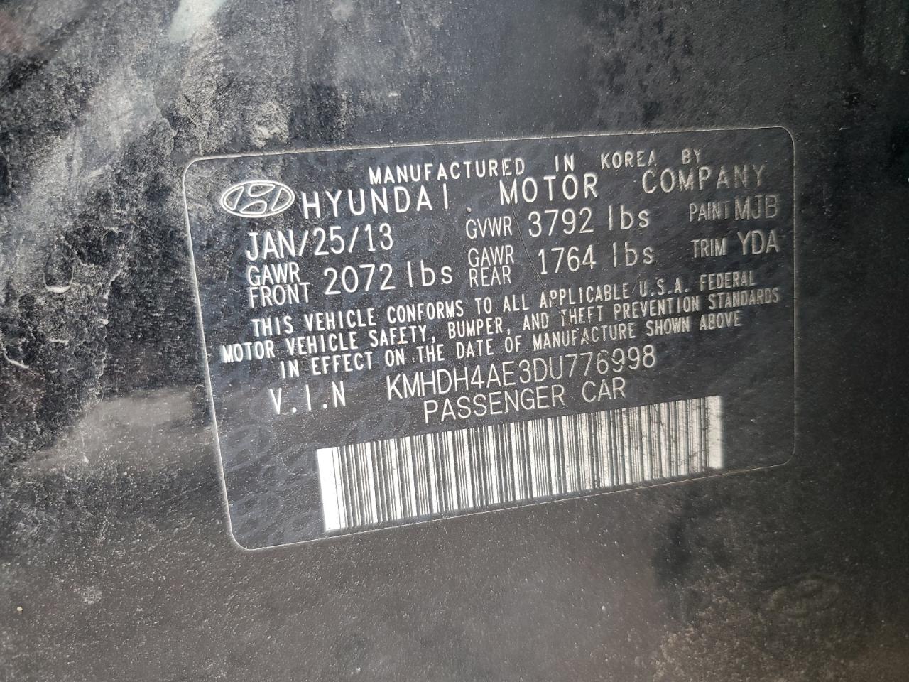 2013 Hyundai Elantra Gls VIN: KMHDH4AE3DU776998 Lot: 71075925