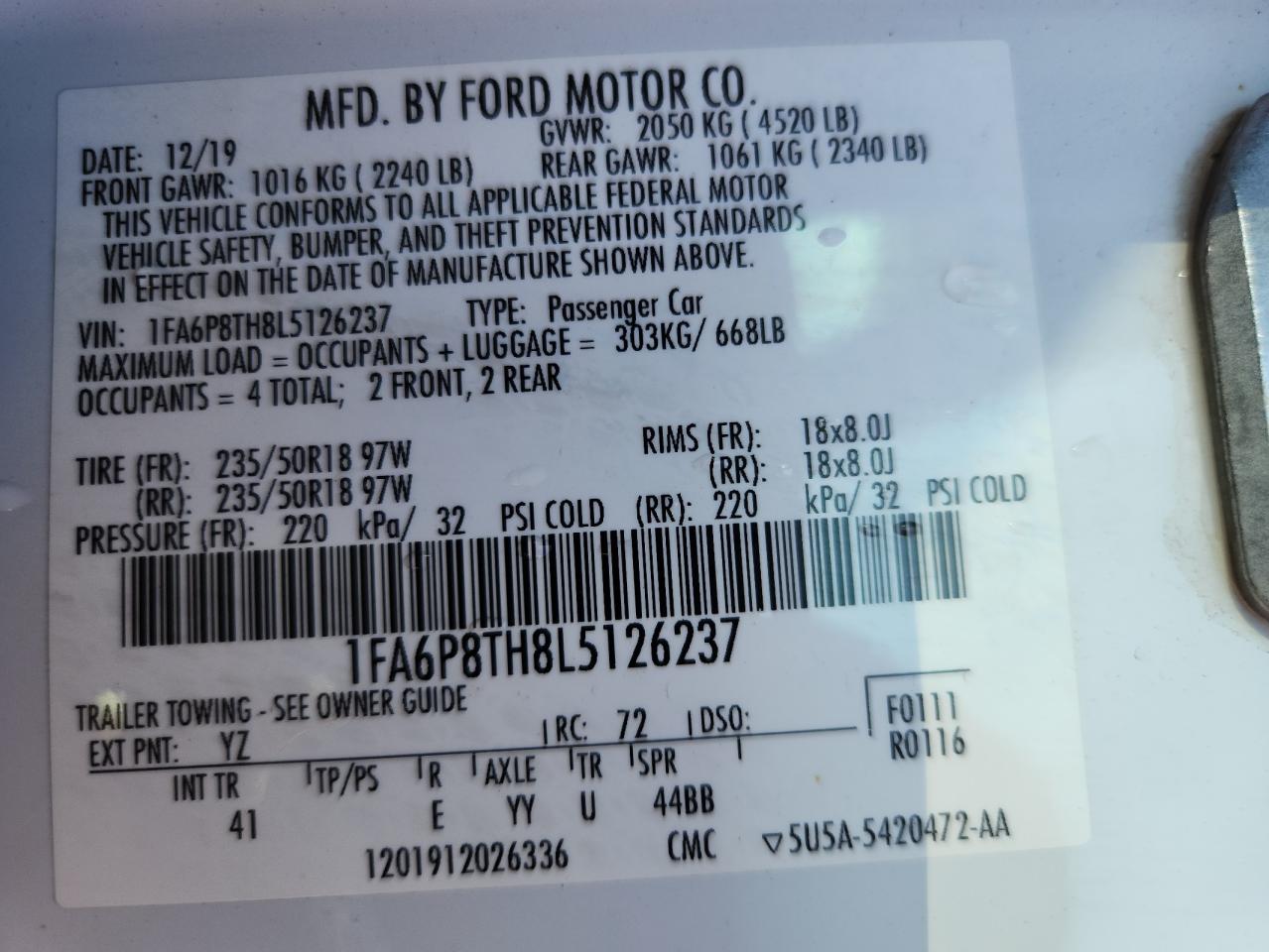 2020 Ford Mustang VIN: 1FA6P8TH8L5126237 Lot: 84001055