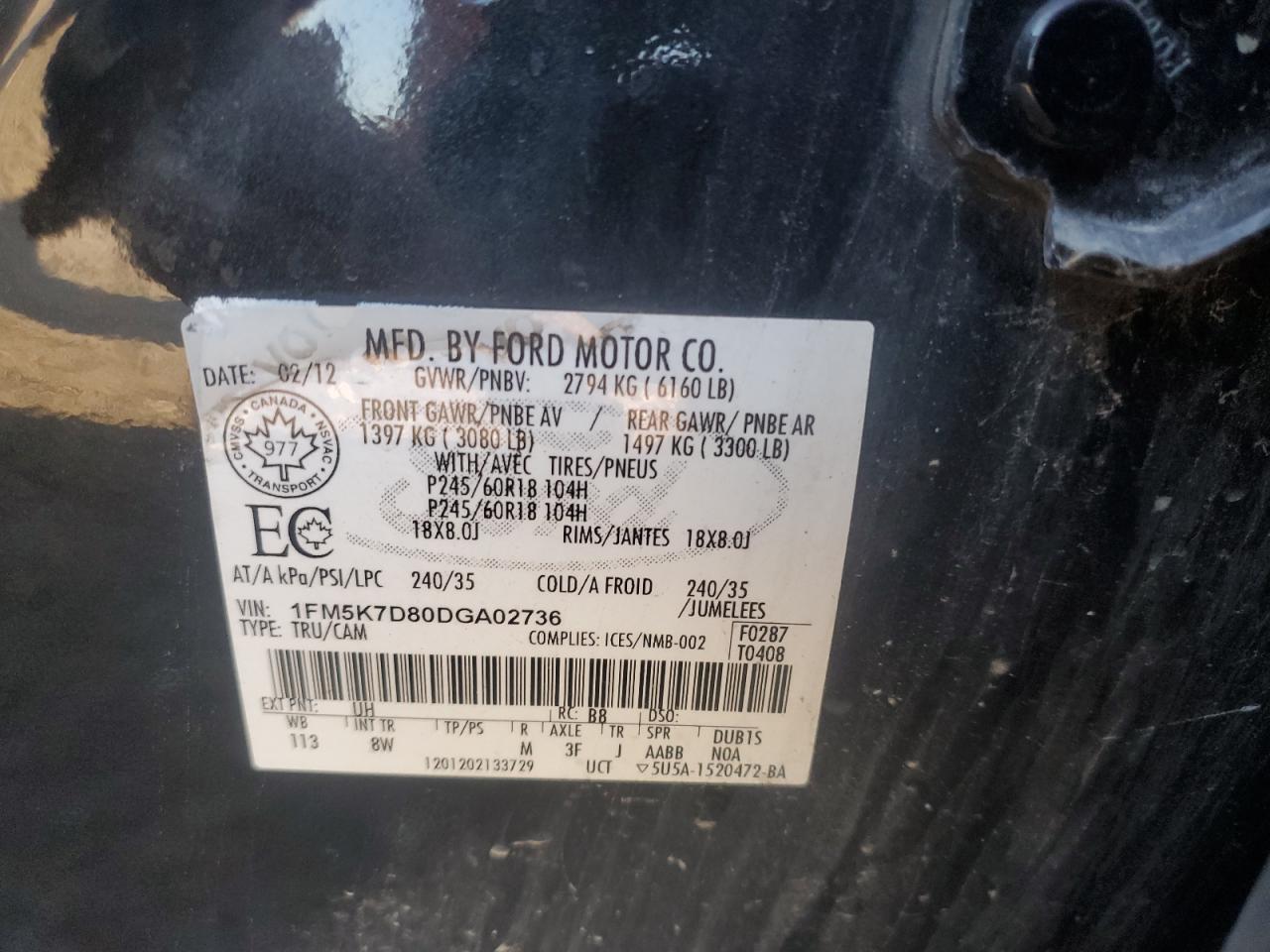 2013 Ford Explorer Xlt VIN: 1FM5K7D80DGA02736 Lot: 80909345