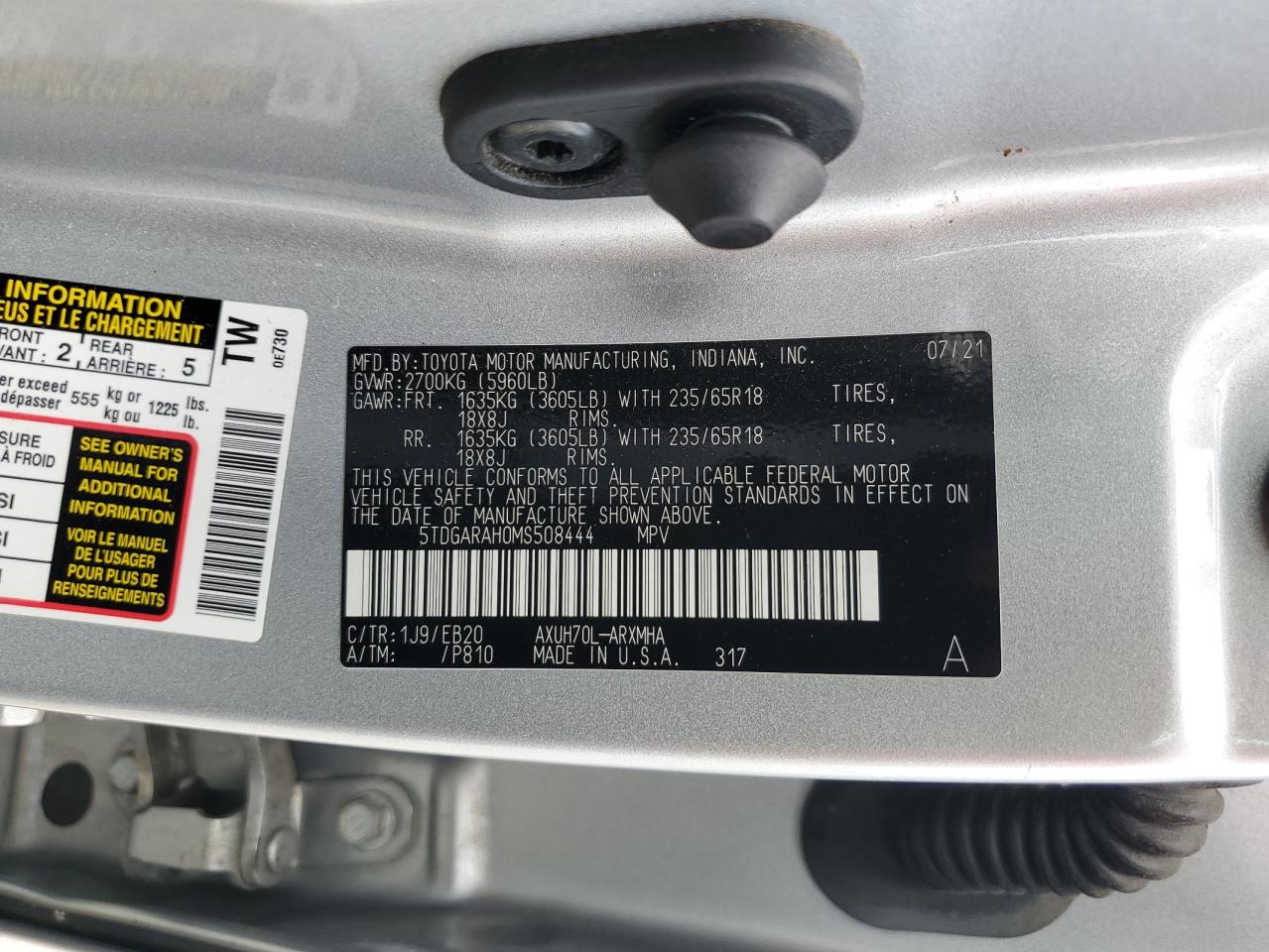 2021 Toyota Highlander Hybrid Xle VIN: 5TDGARAH0MS508444 Lot: 81725455