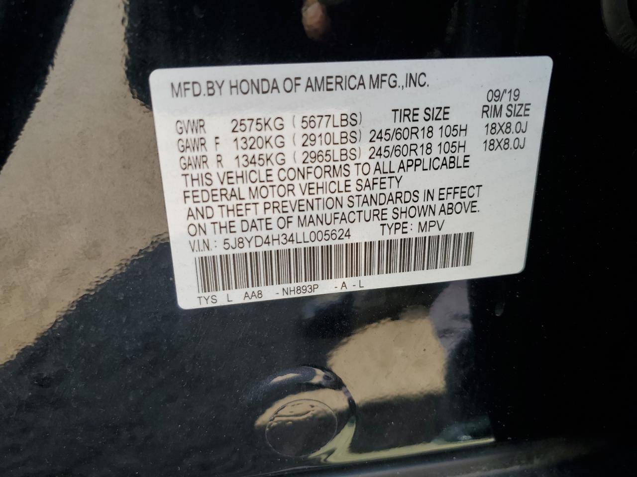 2020 Acura Mdx VIN: 5J8YD4H34LL005624 Lot: 80074185