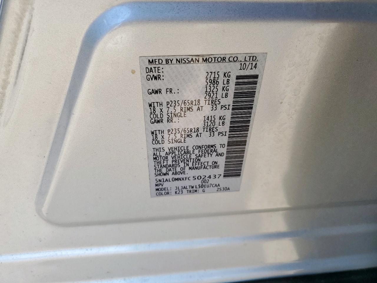 2015 Infiniti Qx60 VIN: 5N1AL0MNXFC502437 Lot: 81288365