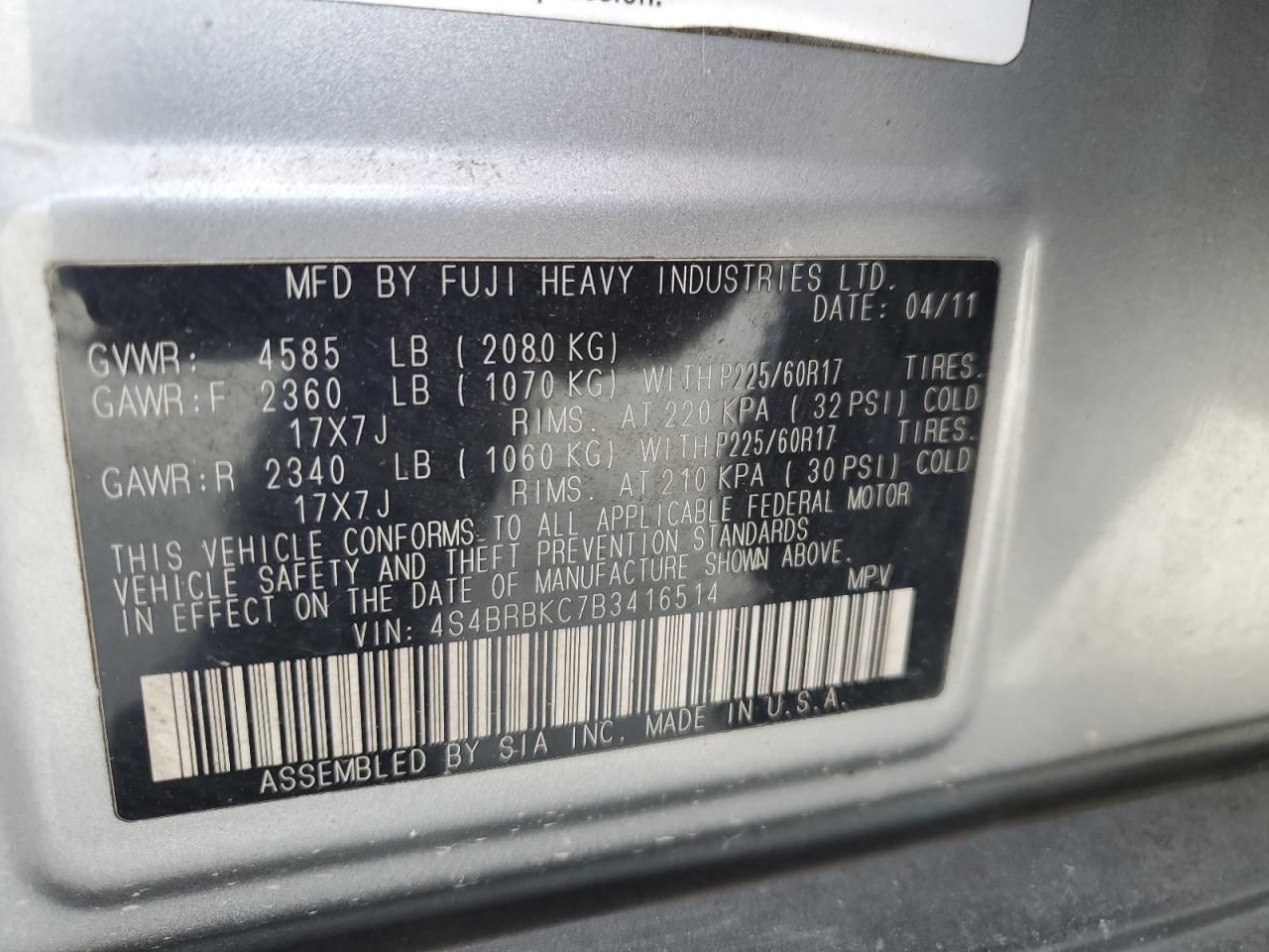 2011 Subaru Outback 2.5I Limited VIN: 4S4BRBKC7B3416514 Lot: 71978045