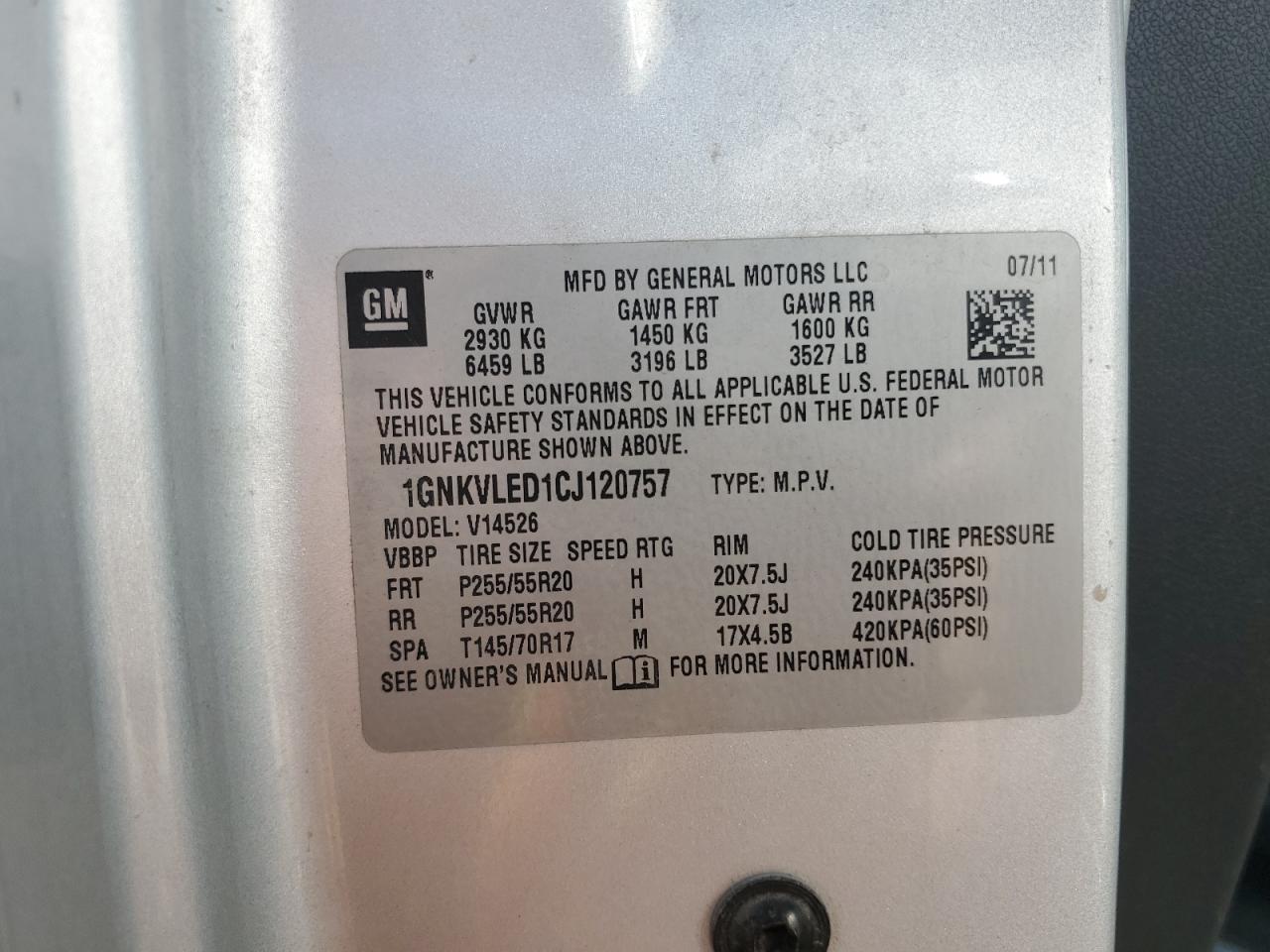 2012 Chevrolet Traverse Ltz VIN: 1GNKVLED1CJ120757 Lot: 71087965