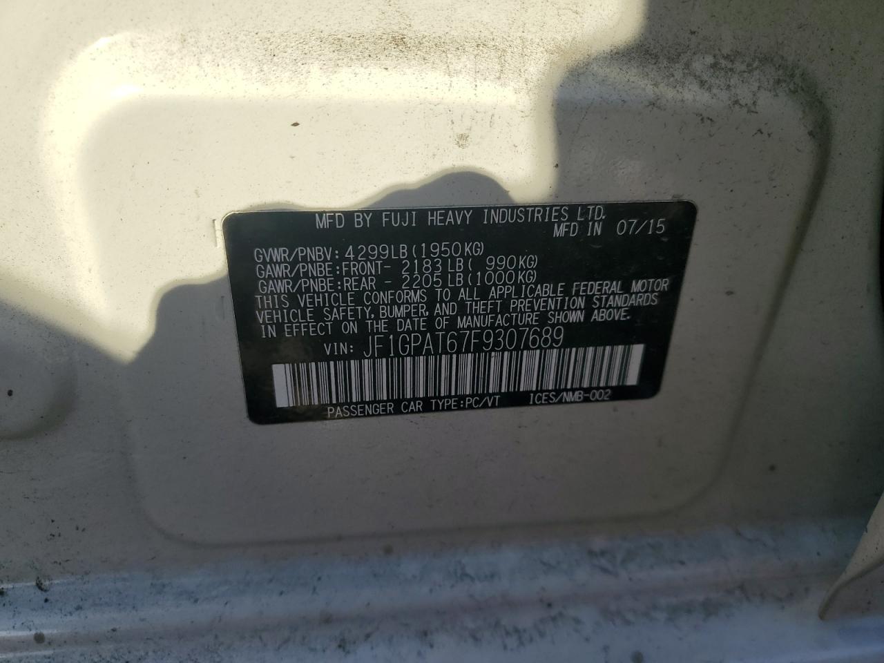 2015 Subaru Impreza Sport VIN: JF1GPAT67F9307689 Lot: 70744185