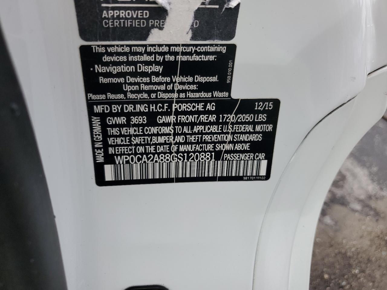 2016 Porsche Boxster VIN: WP0CA2A88GS120881 Lot: 71350535