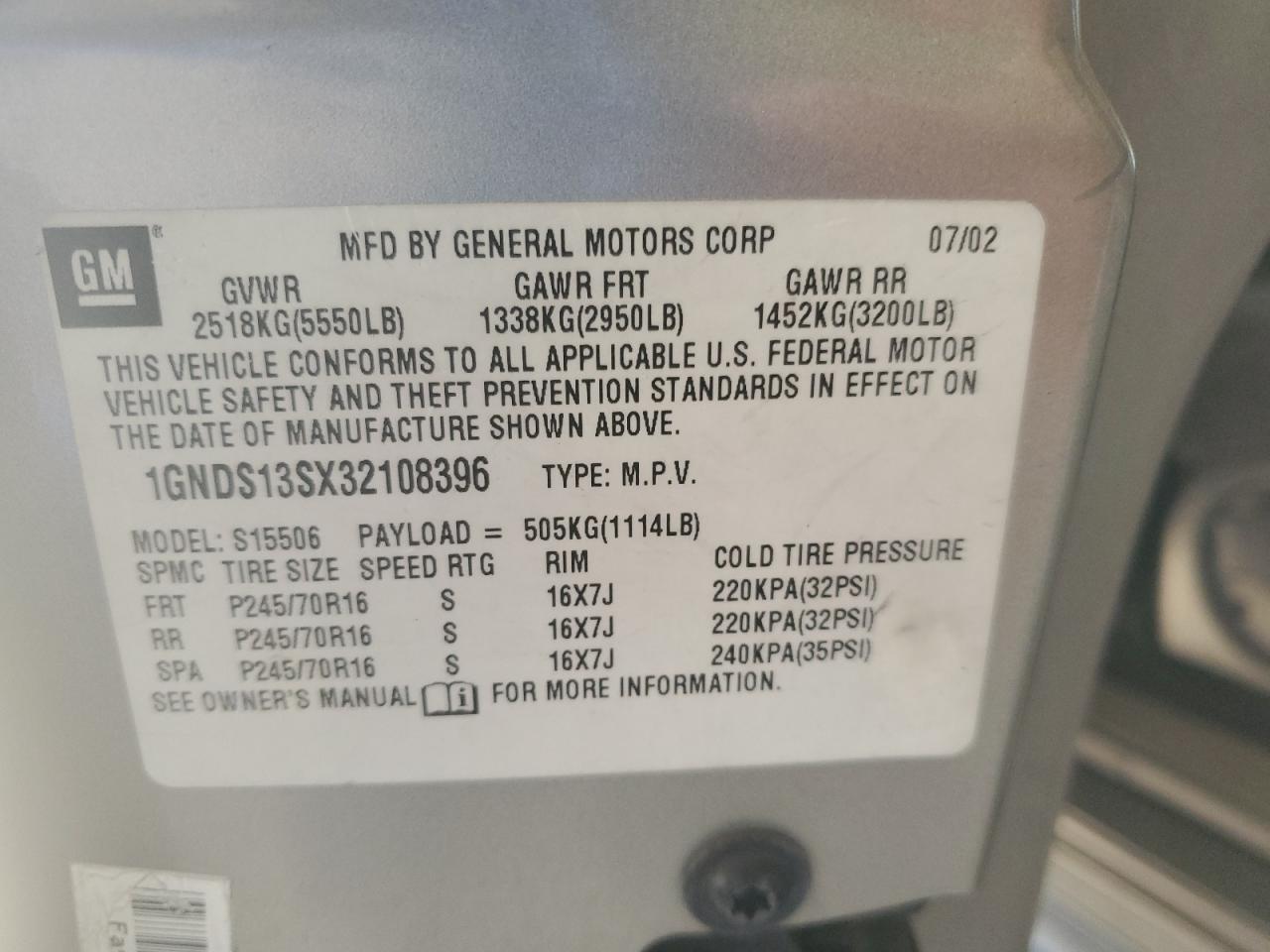 2003 Chevrolet Trailblazer VIN: 1GNDS13SX32108396 Lot: 71898915