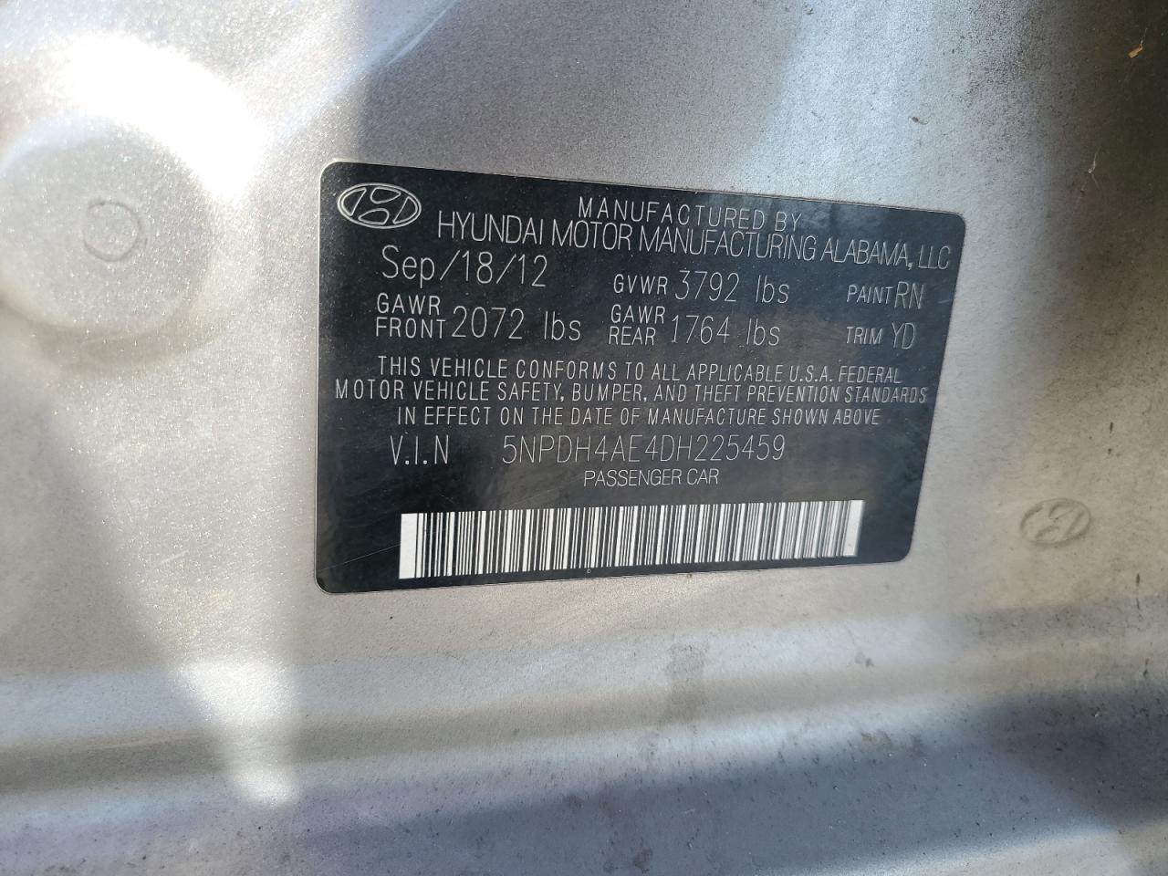 2013 Hyundai Elantra Gls VIN: 5NPDH4AE4DH225459 Lot: 68488955