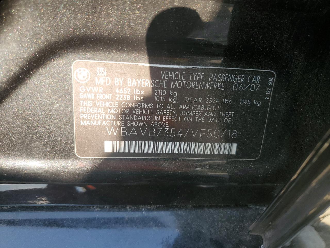 2007 BMW 335 I VIN: WBAVB73547VF50718 Lot: 80854715