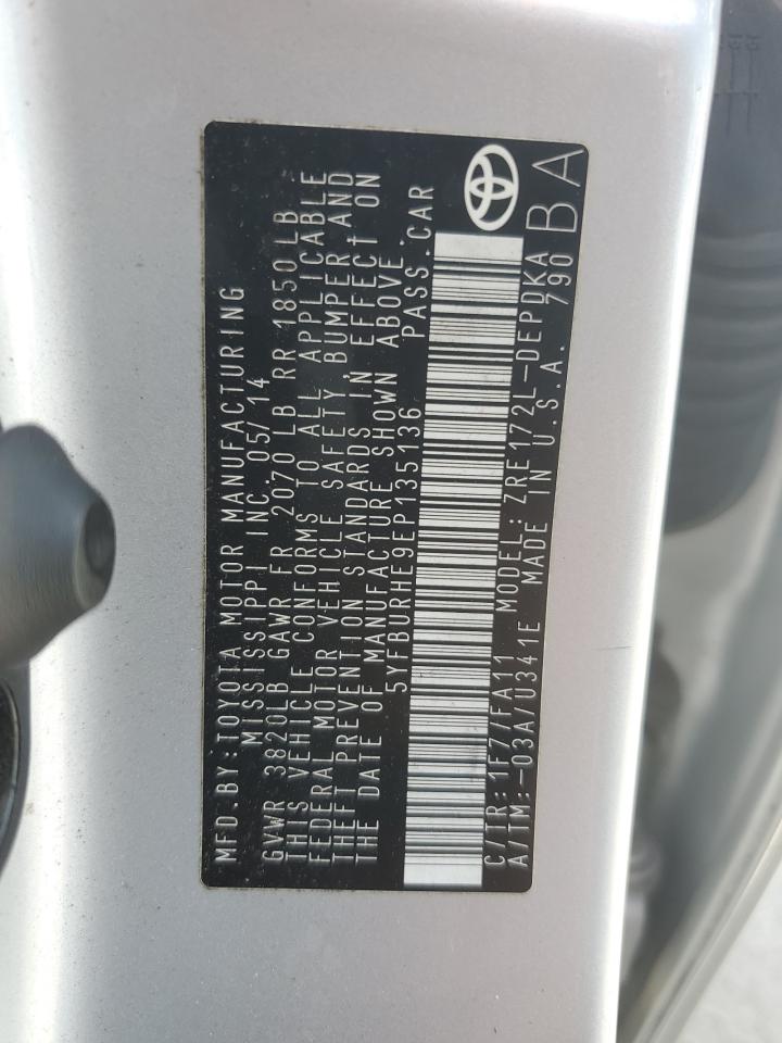 2014 Toyota Corolla L VIN: 5YFBURHE9EP135136 Lot: 81001075